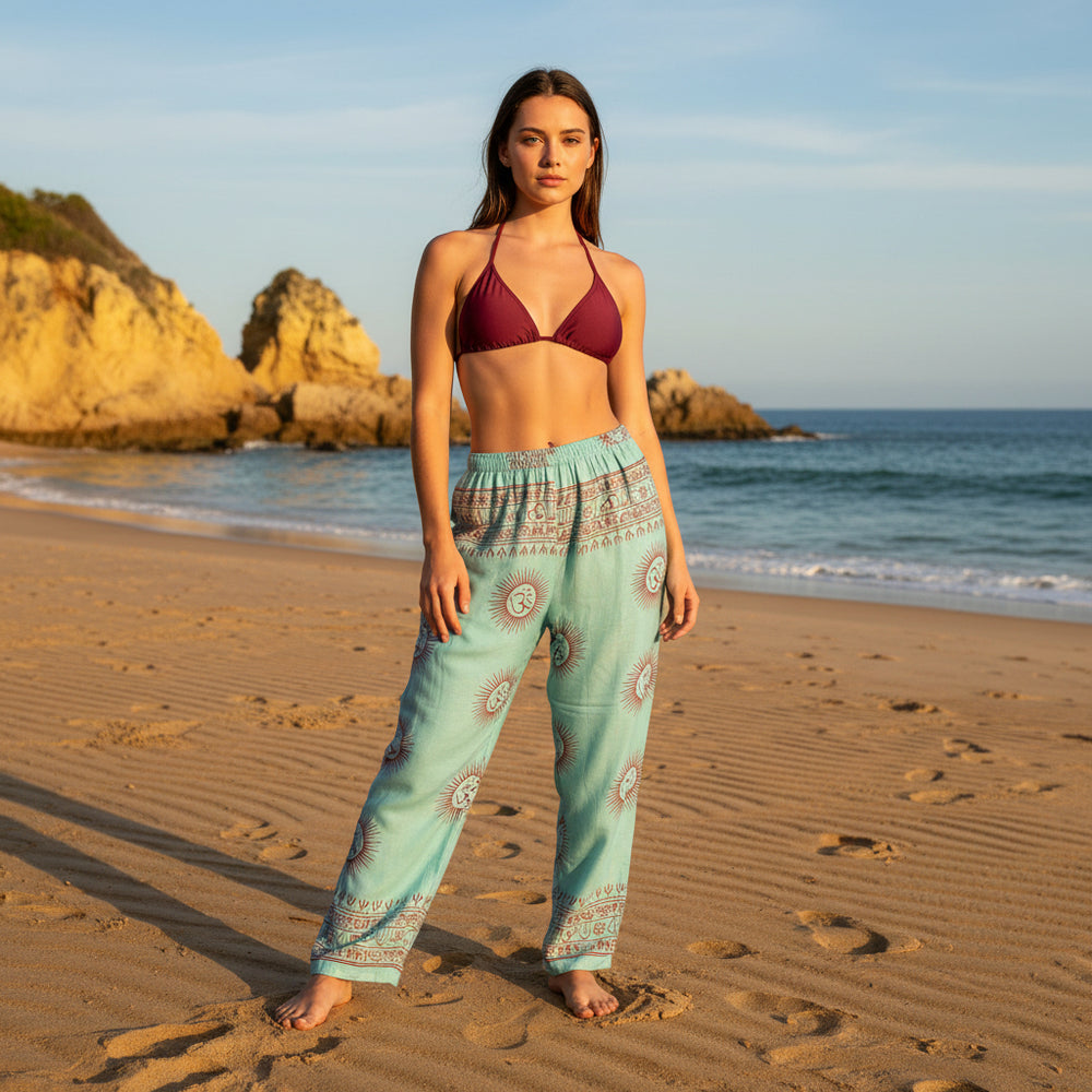 Pantalón bombacho turquesa/rojo